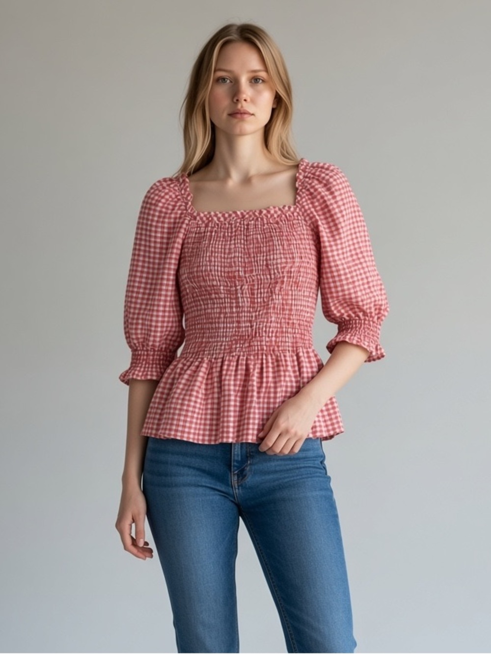 NWT Max Studio Red & White Gingham Smocked Square Neck Top - Size S